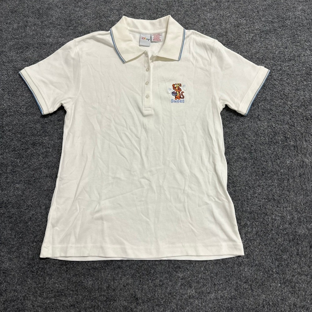 Disney Polo Shirt Womens Small White Tigger Embroidered Short Sleeve Cotton